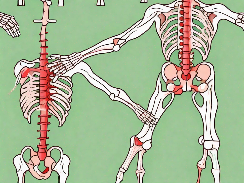 A pair of anatomically correct human hip joints with red highlights on areas typically associated with pain